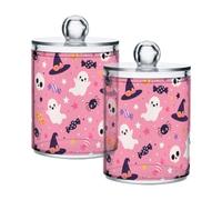 Grckit 2 Pack Apothecary Jars Bathroom Pink Witch Ghosts Qtip Holder Dispenser Clear Plastic Storage Canister Jar with Lid for Cotton Ball, Cotton Swab