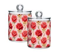Grckit 2 Pack Apothecary Jars Bathroom Romantic Rose Pattern Qtip Holder Dispenser Clear Plastic Storage Canister Jar with Lid for Cotton Ball, Cotton Swab