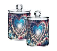 Grckit 2 Pack Apothecary Jars Bathroom Rose Heart Pathway Qtip Holder Dispenser Clear Plastic Storage Canister Jar with Lid for Cotton Ball, Cotton Swab
