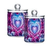 Grckit 2 Pack Apothecary Jars Bathroom Rose Heart Pathway Qtip Holder Dispenser Clear Plastic Storage Canister Jar with Lid for Cotton Ball, Cotton Swab