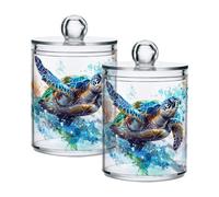 Grckit 2 Pack Apothecary Jars Bathroom Sea Turtle Qtip Holder Dispenser Clear Plastic Storage Canister Jar with Lid for Cotton Ball, Cotton Swab
