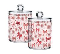 Grckit 2 Pack Apothecary Jars Bathroom Valentine's Day Bow Rose Qtip Holder Dispenser Clear Plastic Storage Canister Jar with Lid for Cotton Ball, Cotton Swab