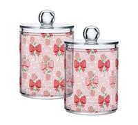 Grckit 2 Pack Apothecary Jars Bathroom Valentine's Day Bow Rose Qtip Holder Dispenser Clear Plastic Storage Canister Jar with Lid for Cotton Ball, Cotton Swab