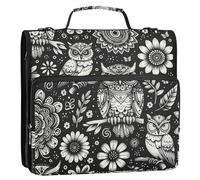 Grckit 3 Ring Zipper Binder with Shoulder Strap, 500 Sheets Capacity, Multi-Pocket Organizer for School/Office, 1.5 Inch D-Rings Zip Binder (Black White Owls)