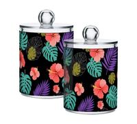 Grckit 4 Pack Apothecary Jars Bathroom Colorful Tropical Floral Qtip Holder Dispenser Clear Plastic Storage Canister Jar with Lid for Cotton Ball, Cotton Swab