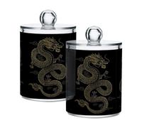 Grckit 4 Pack Apothecary Jars Bathroom Golden Line Dragon Qtip Holder Dispenser Clear Plastic Storage Canister Jar with Lid for Cotton Ball, Cotton Swab