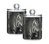 Grckit 4 Pack Apothecary Jars Bathroom Lines Arts Tiger Qtip Holder Dispenser Clear Plastic Storage Canister Jar with Lid for Cotton Ball, Cotton Swab