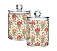 Grckit 4 Pack Apothecary Jars Bathroom Valentines Day Rose Tulip Flower Qtip Holder Dispenser Clear Plastic Storage Canister Jar with Lid for Cotton Ball, Cotton Swab