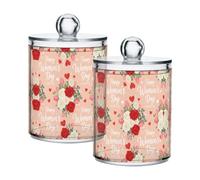 Grckit 4 Pack Apothecary Jars Bathroom Valentines Day Rose Tulip Flower Qtip Holder Dispenser Clear Plastic Storage Canister Jar with Lid for Cotton Ball, Cotton Swab