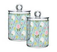 Grckit 4 Pack Apothecary Jars Bathroom Vintage Rose Floral Qtip Holder Dispenser Clear Plastic Storage Canister Jar with Lid for Cotton Ball, Cotton Swab