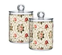 Grckit 4 Pack Apothecary Jars Bathroom Vintage Rose Pattern Qtip Holder Dispenser Clear Plastic Storage Canister Jar with Lid for Cotton Ball, Cotton Swab