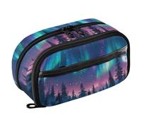 Grckit Beautiful Northern Lights Pencil Case, Large Capacity Multi-Compartment Organizer with Elastic Pen Loops, Clear View Window, Dual Zipper, 8.3 x 3.1 x 4.9 Inches