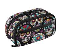 Grckit Beautiful Sugar Skull Pencil Case, Large Capacity Multi-Compartment Organizer with Elastic Pen Loops, Clear View Window, Dual Zipper, 8.3 x 3.1 x 4.9 Inches