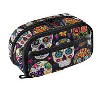 Grckit Beautiful Sugar Skull Pencil Case, Large Capacity Multi-Compartment Organizer with Elastic Pen Loops, Clear View Window, Dual Zipper, 8.3 x 3.1 x 4.9 Inches