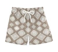 Grckit Beige Floral Mandalas Swim Trunks with UPF 50+ Quick Dry Lightweight Mesh Lining Beach Shorts for Summer Pool Vacation, XL