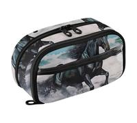 Grckit Black Horse Pencil Case, Large Capacity Multi-Compartment Organizer with Elastic Pen Loops, Clear View Window, Dual Zipper, 8.3 x 3.1 x 4.9 Inches