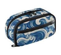 Grckit Blue White Sea Wave Pencil Case, Large Capacity Multi-Compartment Organizer with Elastic Pen Loops, Clear View Window, Dual Zipper, 8.3 x 3.1 x 4.9 Inches