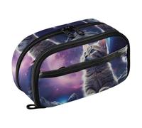Grckit Cat on The Moon Pencil Case, Large Capacity Multi-Compartment Organizer with Elastic Pen Loops, Clear View Window, Dual Zipper, 8.3 x 3.1 x 4.9 Inches