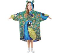 Grckit Cute Peacock Kids Wearable Blanket Hoodie Soft Sherpa Fleece Oversized Sweatshirt for Boys Girls 3-14