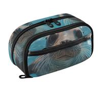 Grckit Cute Sea Lion Pencil Case, Large Capacity Multi-Compartment Organizer with Elastic Pen Loops, Clear View Window, Dual Zipper, 8.3 x 3.1 x 4.9 Inches