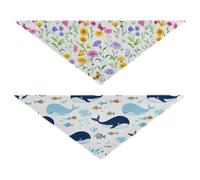 Grckit Dog Bandanas with Snap Button, Soft Breathable Watercolor Wildflowers Cute Blue Whales Pet Scarf for Small Medium Large Dogs & Cats, 25.1" Washable Dog Bibs Kerchief Accessories