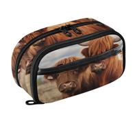Grckit Highland Cows Pencil Case, Large Capacity Multi-Compartment Organizer with Elastic Pen Loops, Clear View Window, Dual Zipper, 8.3 x 3.1 x 4.9 Inches