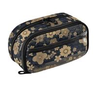 Grckit Japanese Beige Flowers Pencil Case, Large Capacity Multi-Compartment Organizer with Elastic Pen Loops, Clear View Window, Dual Zipper, 8.3 x 3.1 x 4.9 Inches