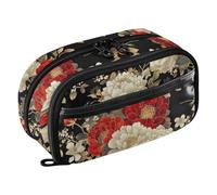 Grckit Japanese Floral Pattern Pencil Case, Large Capacity Multi-Compartment Organizer with Elastic Pen Loops, Clear View Window, Dual Zipper, 8.3 x 3.1 x 4.9 Inches