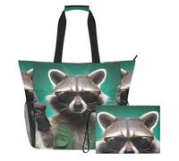 Grckit Large Beach Tote Bag Waterproof Wet Dry Compartment Mesh Side Pockets Includes Zippered Pouch for Pool Gym Swim Travel (Funny Raccoon)