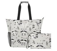 Grckit Large Beach Tote Bag Waterproof Wet Dry Compartment Mesh Side Pockets Includes Zippered Pouch for Pool Gym Swim Travel (Cute Cartoon Raccoon)