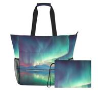 Grckit Large Beach Tote Bag Waterproof Wet Dry Compartment Mesh Side Pockets Includes Zippered Pouch for Pool Gym Swim Travel (Northern Lights)