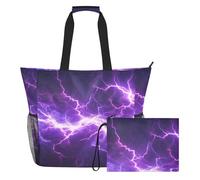 Grckit Large Beach Tote Bag Waterproof Wet Dry Compartment Mesh Side Pockets Includes Zippered Pouch for Pool Gym Swim Travel (Purple Colored Lightning)