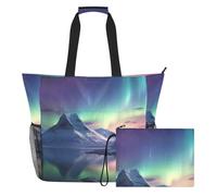 Grckit Large Beach Tote Bag Waterproof Wet Dry Compartment Mesh Side Pockets Includes Zippered Pouch for Pool Gym Swim Travel (Northern Lights)
