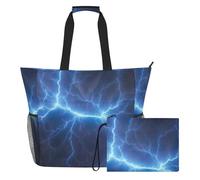 Grckit Large Beach Tote Bag Waterproof Wet Dry Compartment Mesh Side Pockets Includes Zippered Pouch for Pool Gym Swim Travel (Thunder Lightning)