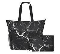 Grckit Large Beach Tote Bag Waterproof Wet Dry Compartment Mesh Side Pockets Includes Zippered Pouch for Pool Gym Swim Travel (Black and White Lightning)