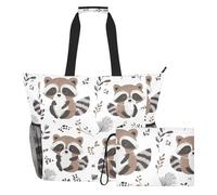 Grckit Large Beach Tote Bag Waterproof Wet Dry Compartment Mesh Side Pockets Includes Zippered Pouch for Pool Gym Swim Travel (Cute Cartoon Raccoon)