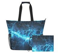 Grckit Large Beach Tote Bag Waterproof Wet Dry Compartment Mesh Side Pockets Includes Zippered Pouch for Pool Gym Swim Travel (Blue Lightning Bolt)