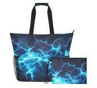 Grckit Large Beach Tote Bag Waterproof Wet Dry Compartment Mesh Side Pockets Includes Zippered Pouch for Pool Gym Swim Travel (Blue Lightning Bolt)