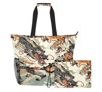 Grckit Large Beach Tote Bag Waterproof Wet Dry Compartment Mesh Side Pockets Includes Zippered Pouch for Pool Gym Swim Travel (Chinese East Asian Dragon)