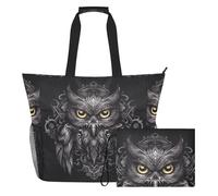 Grckit Large Beach Tote Bag Waterproof Wet Dry Compartment Mesh Side Pockets Includes Zippered Pouch for Pool Gym Swim Travel (Totemic Owl)