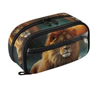 Grckit Night Sky Lion Pencil Case, Large Capacity Multi-Compartment Organizer with Elastic Pen Loops, Clear View Window, Dual Zipper, 8.3 x 3.1 x 4.9 Inches