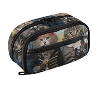 Grckit Piracy Cat Pencil Case, Large Capacity Multi-Compartment Organizer with Elastic Pen Loops, Clear View Window, Dual Zipper, 8.3 x 3.1 x 4.9 Inches