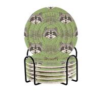 Grckit Raccoon Green Pattern 6 Pcs Cotton Woven Coasters with Holder - 3.9 Inch Absorbent Drink Coasters - Ideal Cup Coasters for Coffee Table Protection