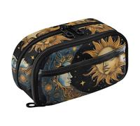 Grckit Sun and Moon Pencil Case, Large Capacity Multi-Compartment Organizer with Elastic Pen Loops, Clear View Window, Dual Zipper, 8.3 x 3.1 x 4.9 Inches