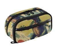 Grckit Surfing Dinosaur Pencil Case, Large Capacity Multi-Compartment Organizer with Elastic Pen Loops, Clear View Window, Dual Zipper, 8.3 x 3.1 x 4.9 Inches