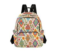 Grckit Vibrant Folk Motif Backpack for Women, 8.5L Lightweight Small Daypack with Zipper Pockets for Work Travel