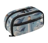 Grckit Whales Flying Around Lighthouse Pencil Case, Large Capacity Multi-Compartment Organizer with Elastic Pen Loops, Clear View Window, Dual Zipper, 8.3 x 3.1 x 4.9 Inches