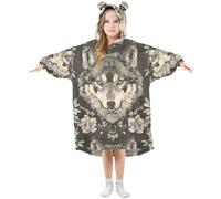 Grckit Wolf Pattern Gray Kids Wearable Blanket Hoodie Soft Sherpa Fleece Oversized Sweatshirt for Boys Girls 3-14