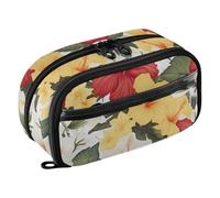 Grckit Yellow Red Hibiscus Pencil Case, Large Capacity Multi-Compartment Organizer with Elastic Pen Loops, Clear View Window, Dual Zipper, 8.3 x 3.1 x 4.9 Inches