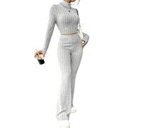 Greabuy 3 Stretchy Women ' s Two-Piece Loungewear, Long Sleeve Knitted Crop Top & Jogger Pants, Home Comfort Set Lounge Pants